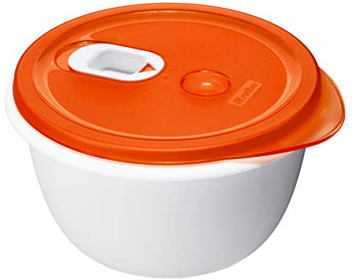 Rotho Micro Clever Mikrowellendose 1.6l mit Deckel und Ventil, Kunststoff (PP) BPA-frei, rot/weiss, 1.6l (19.0 x 19.0 x 10.5 cm)