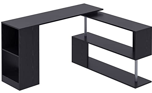 HOMCOM 55 360° Rotating Corner Computer Desk Modern L-Shaped Home Office Workstation with 3-Tier Storage Shelves, Bookshelf, Black
