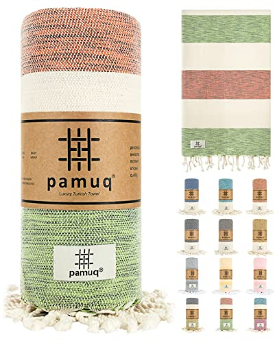pamuq® Strandtuch XXL – Hamamtuch, Saunatuch, Badetuch & Duschtuch aus Baumwolle, handgemacht, leicht, saugstark, schnelltrocknend, Oeko-TEX® Zertifiziert, Yogatuch, Pareo, Pestemal rot-grün