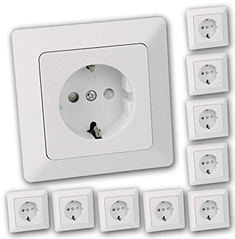 10 MILOS Schutzkontakt-Steckdosen weiß matt Rahmen Einstecksicherung