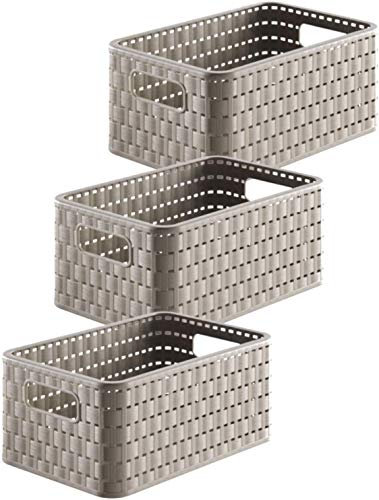 Rotho Country Set di 3 Scatole in Rattan-Look, Plastica (PP) senza BPA, Beige (Cappuccino), 3 x A5/6 L, 28.0 x 18.5 x 12.6 cm