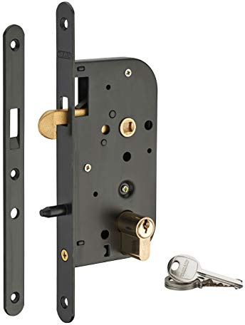 THIRARD - Serrure encastrable crochet à cylindre pour porte coulissante, axe 50mm, cylindre 30x30mm, bouts ronds, noir, 3 clés