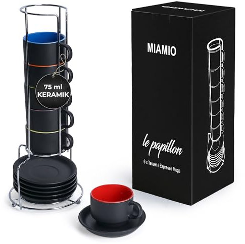 MIAMIO - 6 x 75 ml Espresso Tazzina da caffè - Sei Tazzine Impilabili - Set di Tazze da Caffè, Ceramica - Le Papillon Collezione (Colorato)