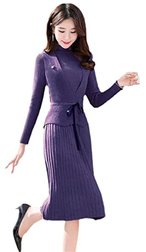 Elegantes Strickset für Damen, langärmelig, Kleid + Pullover, Weste, 2 Stück, violett, Groß