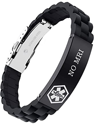 Braccialetti medici in silicone nero personalizzati regolabile di emergenza libera incisione impermeabile medica ID allarme braccialetti per uomini donne, Black-8.8 IN, Metallo, Senza pietre preziose