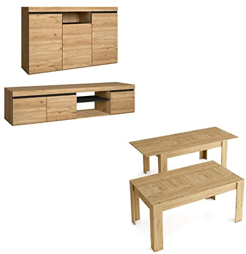 Skraut Home | Muebles de Salón | Modelo Naturale | Aparador, Mueble para TV, Mesa Comedor Extensible | Estilo Nórdico | Color Roble y Negro