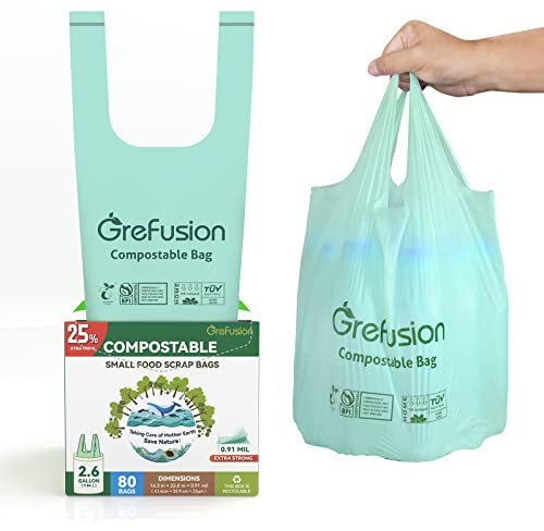 GreFusion 10L Tie Handle food waste Bags 80 count Extra Thick compostable caddy liners with Tie Handles