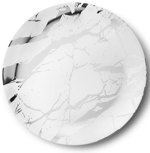 Decorline - Plateau de Service - Lot de 4 - Plats à Servir en Marbre en Plastique Réutilisable Robuste, Plateaux Traiteur de présentation/décoration Pour de Fête Buffet - Rond Ø 40 cm - Blanc/Argent