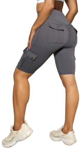 Nuofengkudu Korta sportbyxor för kvinnor, booty scrunch, hög midja, 4 fickor, knälång, sport, cargo, sommar, bermudashorts, cykelbyxor, leggings, korta, sportleggings, GRÅ, M