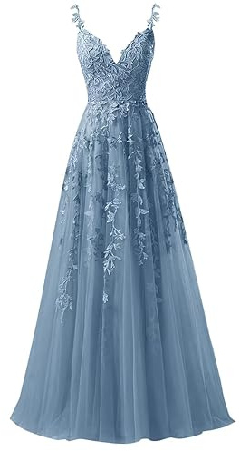 HYEC7 Tulle Spaghetti Straps Prom Dresses Lace Appliques Ball Gown Formal Evening Party Dress V Neck Quinceanera Dress Dusty Blue