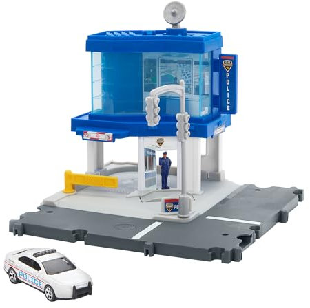MATCHBOX Polizeiverkehrsstelle - Interaktives Spielset mit drehbarer Satellitenschüssel und beweglicher Figur, inklusive Ford Interceptor-Polizeiwagen, für Kinder ab 3 Jahren, HRY44