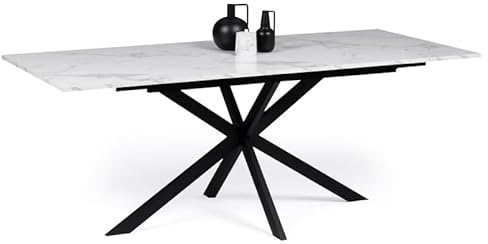 IDMarket - Esstisch, ausziehbar, rechteckig, Alix, 6-10 Personen, Spinnenfuß, Schwarz, Platte mit Marmor-Effekt, Weiß, Alaska, 160 – 200 cm