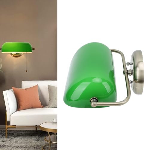 Lampe de Banquier Décorative, Lampe Murale de Banquier Verte, avec Interrupteur à Tirette, Abat-jour en Verre Vert Fait à la Main Réglable, Appliques Murales D'intérieur Vintage pour Chambre