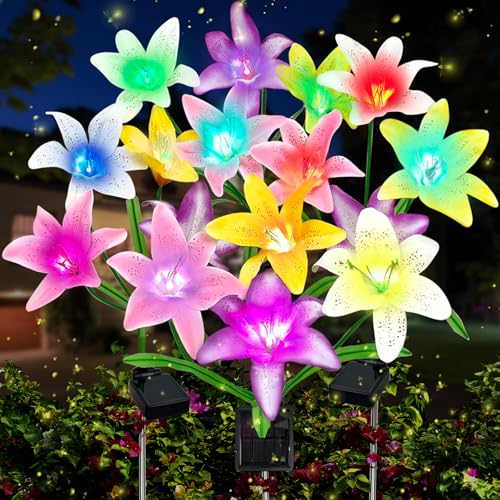 VEEKAY Luci Solari da Giardino,4 Pezzi 16 LED Luce Solare Esterno, Luce Solare LED Esterno con Fioritura 16 Fiori Lily,IP65 Impermeabile Lampade Solari da Giardino,con Luce Colorata per Patio, Prato