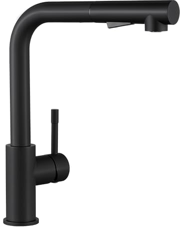 Sofetiy Wasserhahn Küche Schwarz, Küchenarmatur Ausziehbar, Hochdruck Armatur Küche, Mischbatterie Küche mit Brause Zwei Wasserstrahlarten, Einhebel Spültischarmatur Edelstahl 360° Drehung