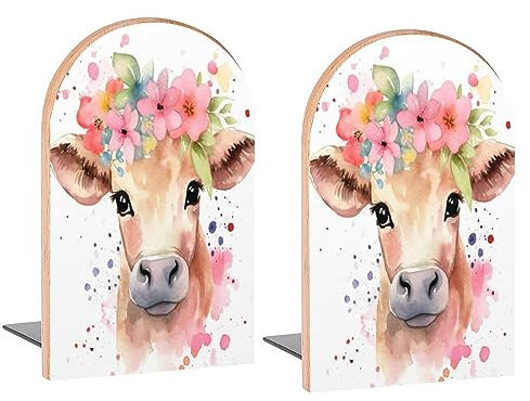 Buchstützen aus Holz, Motiv: kleine Kuh mit Blumen im Kopf, dekorative Buchstützen für Regale, Zimmer, Schreibtisch, Heimbüro, Buchstopper für Zeitschriften, Bücher, DVDs, 2 Stück