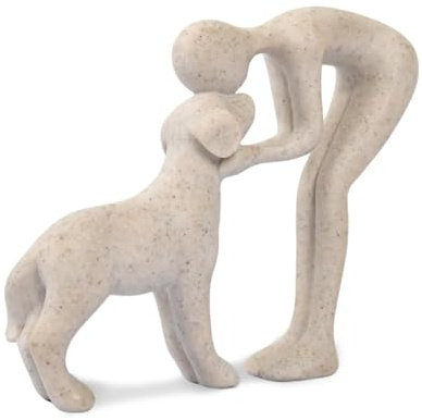 FriyGardcn Dog Sculpture Home Decor Cute Man and Dog Statue Decoration for Office、Living Room、Bedroom、Home， Memory Gifts for Pet Lovers (Sandstone)