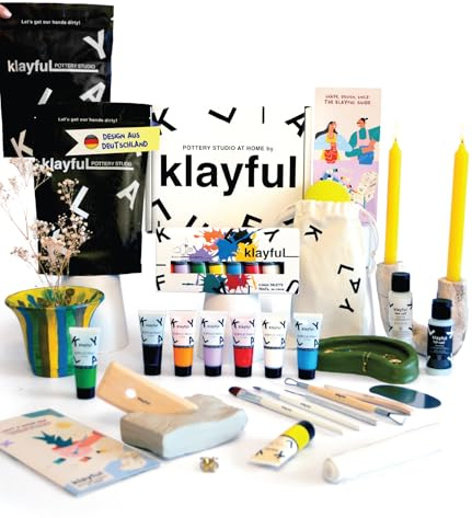 Klayful Kit Ceramica Fai da Te con Argilla Senza Cottura | Colori Classici Alta Coprenza | Air Dry Clay Autoindurente | Kit Argilla Adulti | Strumenti, Pennelli, Smalto