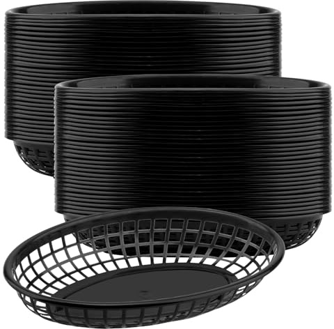 KEILEOHO 60 stycken snabbmatkorg av plast, 23 x 14 x 4 cm, ovala korgar, plast, svarta serveringskorgar för servering