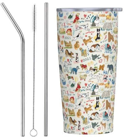 VOSERY Botella de agua de 20 onzas con tapa y popote, diseño de perros con aislamiento de mascotas divertidas, vasos de acero inoxidable, taza de café de viaje, vaso personalizado