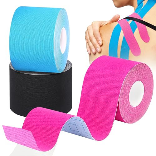 Kinesiologie Tape Sport (3 Rollen 5m), Elastisches Sporttape aus Baumwolle, Selbstklebend Tape für Muskeln und Gelenke, 5cm Breite (Blau & Schwarz & Rosa)