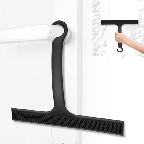 LORESJOY Tergivetro per Doccia Silicone, Pulisci Vetro Doccia,Lavavetri Doccia Senza Foratura， Tira Acqua da Doccia con Gancio per Doccia in Silicone per Finestre,Specchi (black)