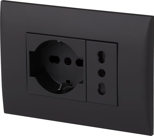 Electraline 22111 Blocco presa da incasso/Set Placca Premontata 2 posti (1 Presa universale P40 + 1 Presa Bivalente 10/16A), due viti di montaggio, Nero