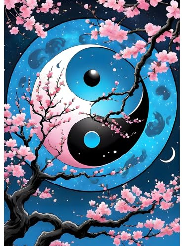 DPHERO DIY Taiji Diamant Painting Kits Bilder für Erwachsene Anfänger,5D Yin und Yang Diamond Painting Set,DIY Runde Steine Kirschblüten Diamant Kunst Kits, Diamant Art für Zuhause Dekor 30x40 cm