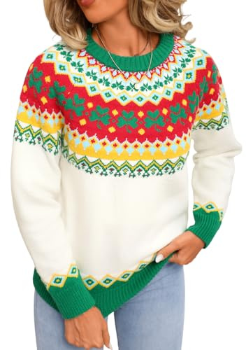 ChiaoLezhee Women's Nordic Fair Isle Norwegian Christmas Sweater Chunky Knit Cozy, Long Sleeve Crew Neck Colorful Pullover Xmas Holiday Thanksgiving Outfits Fall Winter Vintage Tops,Beige Green,L