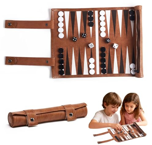 Travel Backgammon Set,Back Gammon Game Made of 100% Leather,Baggamon Spiel Set with Leather Case und Accessories,Rollable Backgammon für Campers and Travel Fans