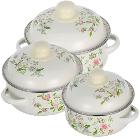 INOOMP 3pcs Enamel Stockpot with Lid Retro Purple Floral Mini Soup Pots with Handles Heat-Resistant Small Enamelware Cooking Pots for Induction and Gas Stoves