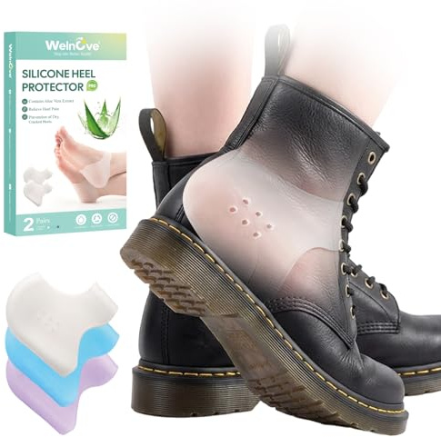 4Pcs Heel Protectors - Welnove Plantar Fasciitis Heel Pain Relief, Clear,L | Heel Cups, Shoe Cushion Inserts Pads, Prevent Blisters, Silicone, Aloe Vera Extract, Breathable, Reusable