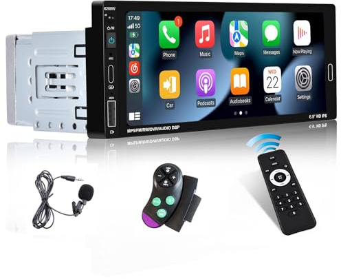 Hikity Autoradio 1 DIN Pantalla Táctil Inalámbrico CarPlay y Android Auto Radio de Coche Bluetooth Manos Libres con Mirror Link FM Radio USB Type-C Control en el Volante + Cámara de Marcha Atrás