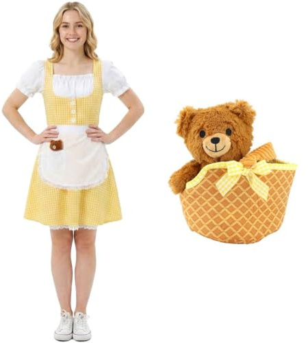 Adults Goldilocks Porridge Girl Costume with Soft Bear Basket – Yellow Gingham Dress, White Apron & Plush Bear Accessory – Fairytale Storybook Fancy Dress for World Book Day Parties - Large
