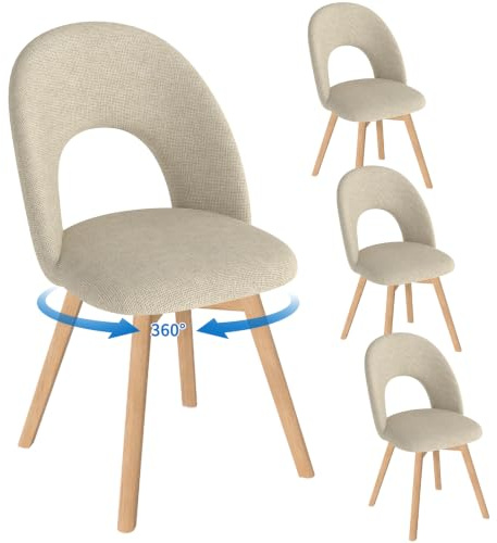 WAFTING Esszimmerstühle drehbar Polster Holzbeine 4er Set，Hellbraun | 360° drehbar, dicker Leinenstoff mit luftdurchlässiger durchbrochener Rückenlehne, geeignet für Esszimmer, Küche, Wohnzimmer