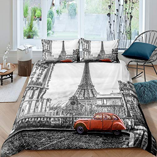 Loussiesd - Set di biancheria da letto in microfibra di poliestere, motivo Torre Eiffel di Parigi con stampa di una famosa città, con 2 federe per cuscini, chiusura lampo, 3 pezzi