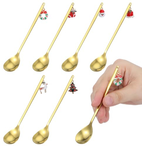 6 Stück Weihnachtslöffel, Weihnachtsgeschirr Weihnachten Besteck, Edelstahl Kaffeelöffel Teelöffel mit Weihnachtsanhänger, Golden Löffel Set für Dessert Espresso, Weihnachten Tischdeko