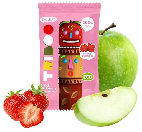 Smileat - TRIBOO Snacks de Fruta sabor Fresa y Manzana - Aperitivo para Niños - Alternativa a Gominolas y Chuches - Ideal para el Cole y Meriendas - 25gr