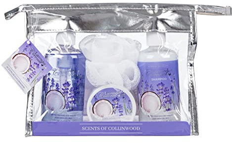 Scents of Collinwood - 4 Piece Women’s Classic and Elegant Lavender Coconut Scent Bath Set - Includes Shower Gel, Shampoo, Body Butter and a Bath Puff,Purple