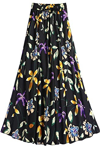 Coolwife Womens High Waist Skirts Midi Swing Pockets Elastic Waist A Line Boho Floral Print Skirt (Lily Black)