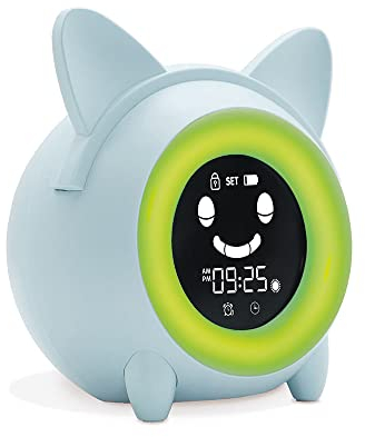 Metronic 477347 Reveil Enfant Educatif avec Veilleuse Indicateur Jour/Nuit - Horloge Digital - Affichage Temperature - 5 Sons d'Alarme pour Les Réveils du Matin - Bleu