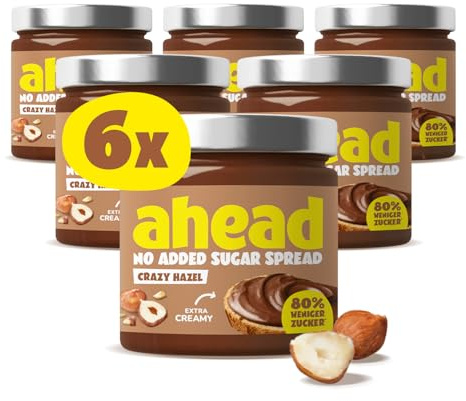 ahead CRAZY HAZEL | 6 x 200g Haselnusscreme ohne Zuckerzusatz | Super leckerer Schokoaufstrich mit 80% weniger Zucker* | Ohne Palmöl, glutenfrei & vegetarisch | Zuckerarmer Brotaufstrich Schokocreme