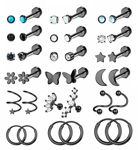 FIOROYAL 18 Paar Piercing Ohr 18G Helix Piercings Chirurgenstahl für Damen Stern Mond Opal Medizinische Ohrstecker Kleine Creolen Knorpel Ohrringe Helix Tragus Piercing Set Schwarz