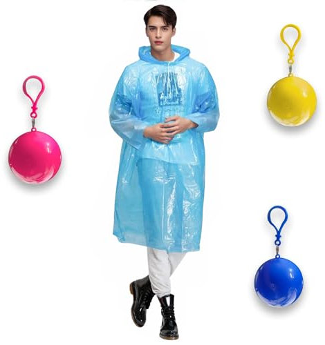 KoMico 3PCS Emergency Disposable Rain Poncho Adult Waterproof, Festival 3 Color Plastic Poncho Raincoats Packaged in Keychain Ball with Hook, Waterproof for Outdoor Activities
