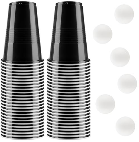 Set di Bicchieri da Birra Pong, 50 Bicchieri Beer Pong(500ml) e 6 Palline da P ing Pong, Bicchieri riutilizzabili, per Giochi di bevute, Feste, Compleanni, Festival, Matrimoni, Campeggio(nero)