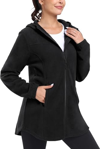 MoFiz Women's Long Fleece Zip Up Hoodies Long Sleeve Full Zip Soft Warm Polar Fleece Jacket Coat with Pocket for Fall Winter Black XL