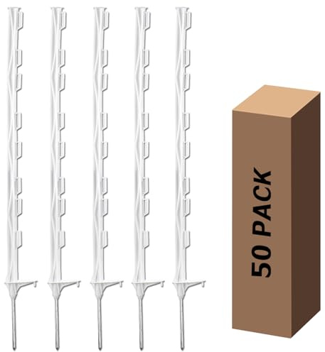 Zoiut 50 Pack Electric Fence Posts,48 Inch/4FT Step-in Plastic Posts for Farm and Garden,Temporary Sturdy Fencing System for Electric Fencing and Yard Protection, White