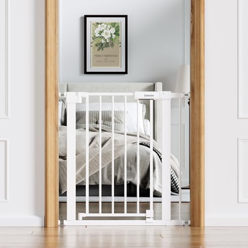 Babelio Baby Gate for Doorways and Stairs, 26-31 Pet Gate with Wide Walk Thru Door and Lock Indicator, No Drill Pressure Mounted Safety Gate with Double Lock and Self-Closing, White