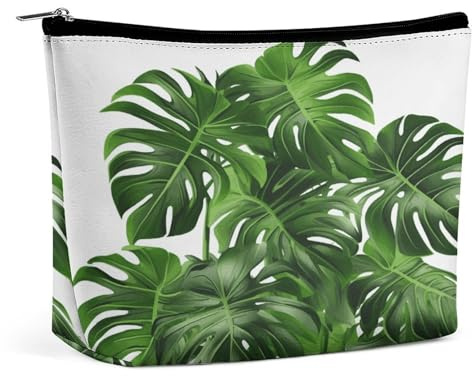 Waterproof Travel Makeup Bag Case Organizer, PU Leather Monstera Deliciosa Banana Palm Cosmetic Bags, Small Toiletry Case Cute, Portable Zipper Pouch for Women Men, Travel Accessories