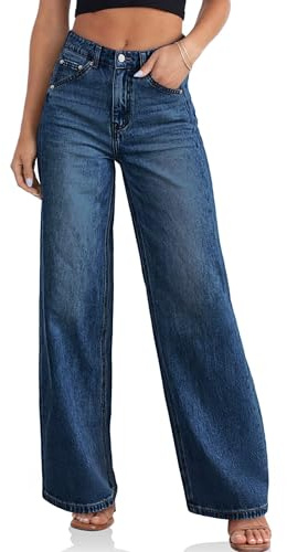 Cicy Bell Womens Wide Leg Jeans High Waisted Boyfriend Loose Baggy Denim Pants with Pockets Navy